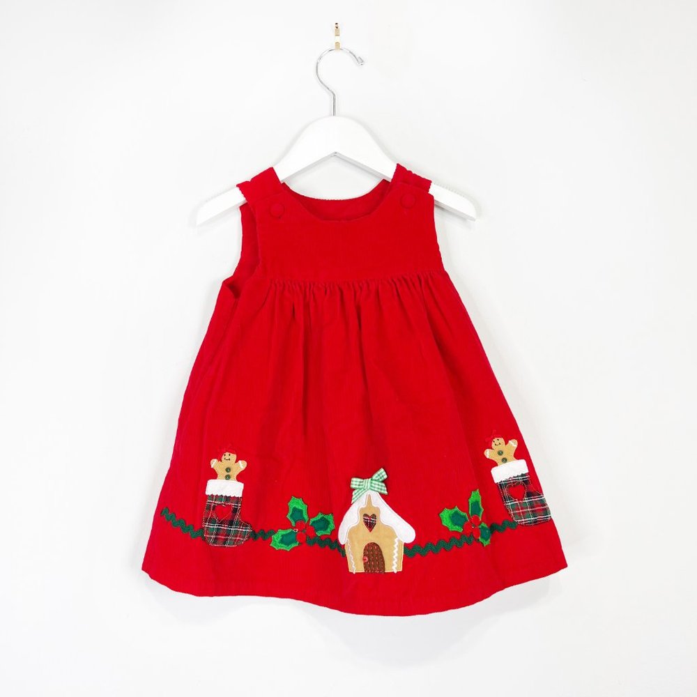 Vintage Red Corduroy Christmas Holiday Dress Gingerbread Holly Size 18 months